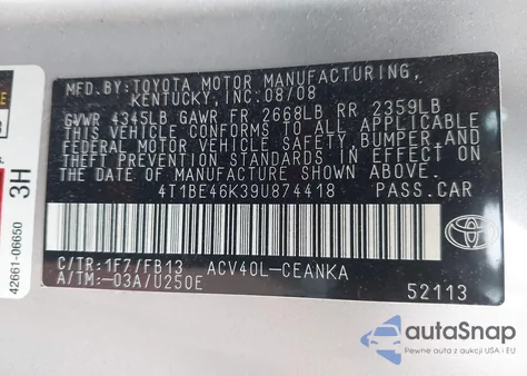 2009 Toyota Camry Le from USA, damaged, VIN 4T1BE46K39U874418